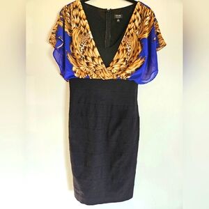 Nicole Miller size 10 black bodycon, scarfprint blue/ gold top dress.